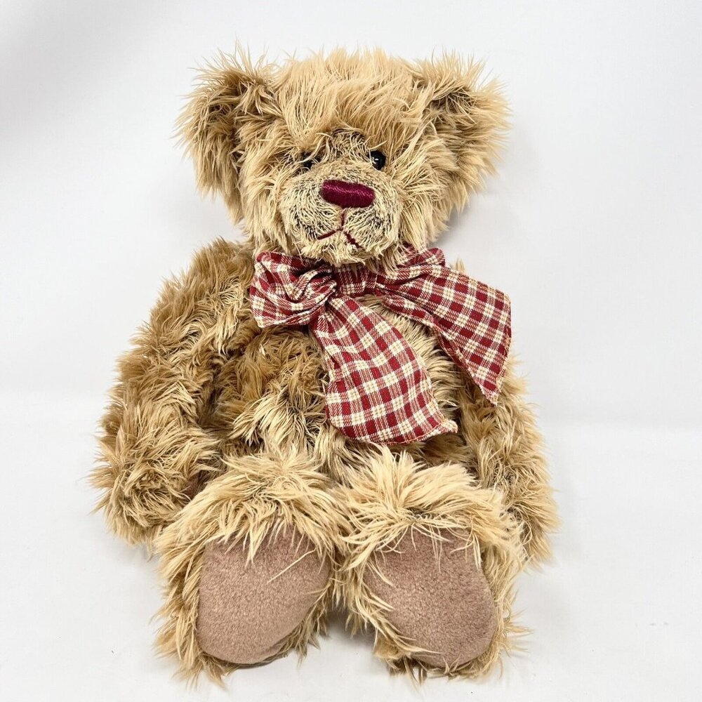 RARE Teddy Hermann Brown Bear‎  with Plaid Bow Long Hair Burgundy Nose